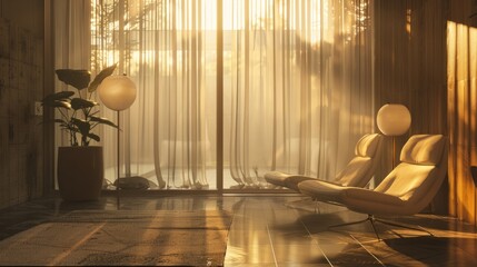 room with soft, diffuse lighting, warm light lamps or natural light filtered through translucent curtains generative ai