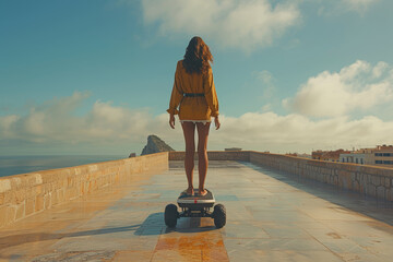 A person riding a hoverboard along a seaside promenade, experiencing futuristic personal transportation. Concept of cutting-edge mobility and innovation. Generative Ai.