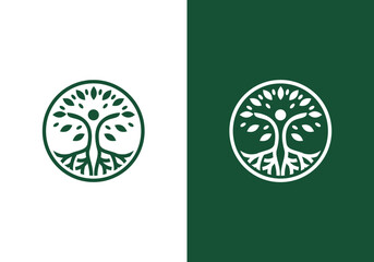 line art nature logo vector design of tree and man or person inside circle, abstract tree logo symbol inside circle	