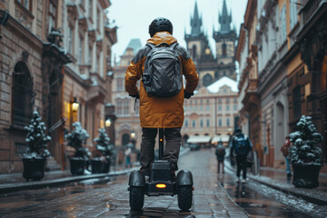 A person using a vehicle to explore a historic city center, enjoying sightseeing with minimal environmental impact. Concept of eco-friendly tourism and cultural mobility. Generative Ai.