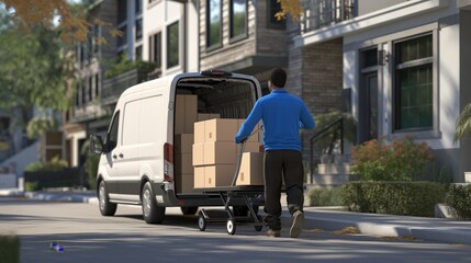 A delivery driver unloads packages from a van in a residential area, serving nearby customers with reliable service. The driver ensures prompt and accurate delivery for seamless operations