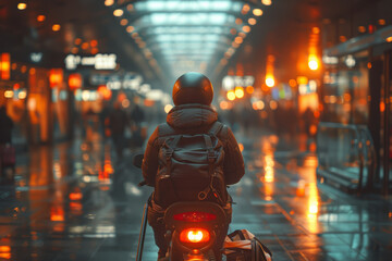 A person using a mobility scooter to navigate through a busy airport terminal, highlighting accessibility in travel. Concept of assisted mobility and travel assistance. Generative Ai.