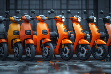 A fleet of shared electric mopeds parked at designated docking stations, offering on-demand transportation in urban areas. Concept of shared mobility and ride-sharing. Generative Ai.