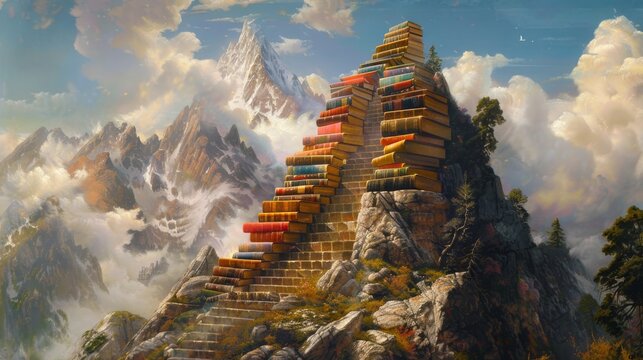 Staircase of books leading to mountain top for educational and inspirational designs