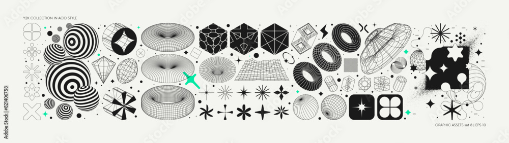 Leinwandbilder Vector graphic assets set in acid style, retro futuristic background with wireframe elements of different forms, bold modern shapes for design template, poster, stickers, banner in Y2k style set 8