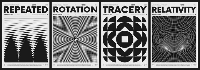 Modern abstract poster collection, vector minimalist posters with geometric shapes in black and white, brutalist style inspired graphics, bold aesthetic, shape distortion effect set 9