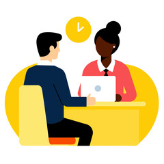 on a white background a business white woman is making a job interview to a  black man sitting in a yellow office
