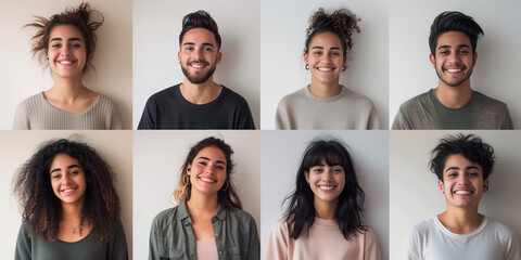 Obraz premium A series of photographs showing a happy man and woman in simple college student outfits against a white background, smiling and looking straight ahead. 