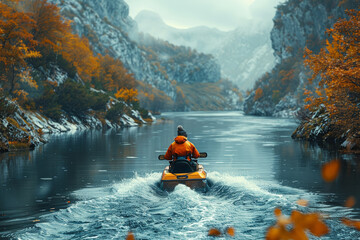 A person riding a personal watercraft along a winding river, enjoying recreational mobility on the water. Concept of aquatic recreation and waterborne transportation. Generative Ai.