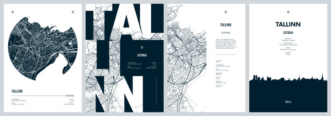 Set of travel posters with Tallinn, detailed urban street plan city map, Silhouette city skyline, vector artwork © max_776