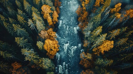 Overhead view of a remote river flowing through untouched woodland, a serene and pristine landscape captured from above.