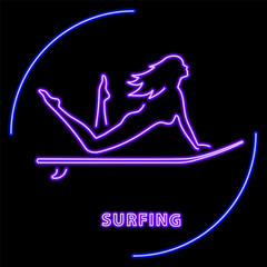 surfing neon sign, modern glowing banner design, colorful modern design trend on black background. Vector illustration.