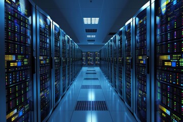 Fototapeta premium Computer network server room, Crowded server room in action, AI generated