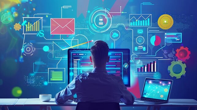 A man is seated at a desk with a computer, engaged in online education and training for personal development and professional qualifications. Generative AI