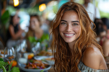 A group of friends enjoying a casual lunch at a neighborhood café, chatting and laughing over sandwiches and salads. Concept of socializing and dining out. Generative Ai.