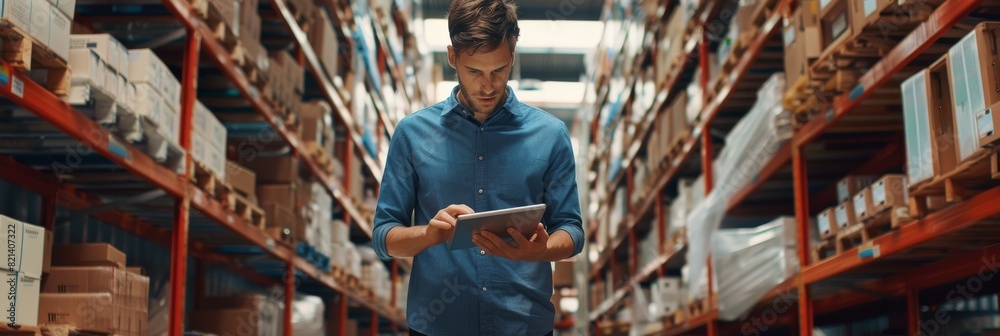 Poster in warehouse logistics, tablet technology enhances worker efficiency by focusing on stock control an