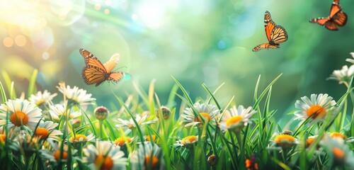 Beautiful spring background with daisies and grass, butterflies in the sunlight, banner, panorama Generative AI