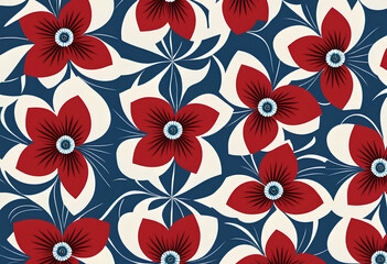 a blue and white floral pattern with red flowers and a white and red flower.