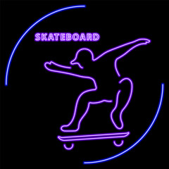 skateboard neon sign, modern glowing banner design, colorful modern design trend on black background. Vector illustration.