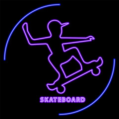 skateboard neon sign, modern glowing banner design, colorful modern design trend on black background. Vector illustration.