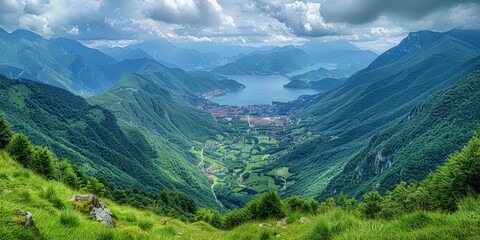 Obraz premium Spectacular panoramic view of a picturesque valley surrounded by lush green mountains with a pristine blue lake in the background under a cloudy sky