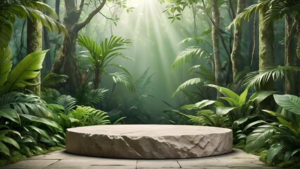 Background podium 3D stone on a jungle background. 3D podium, stand background, stage, stage rendering minimal design.