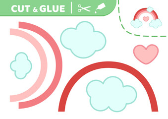 Pink red rainbow. Cut and glue. Rainbow in cloud. Paper game. Applique. Vector.