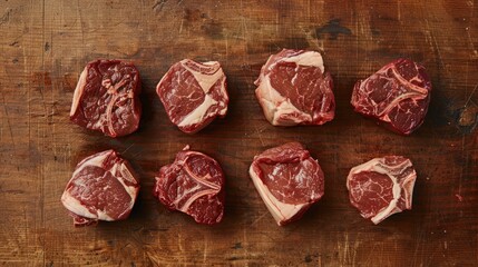 Top-down perspective: Prime cuts of beef on a wooden surface, illustrating the quality of meat products from above.