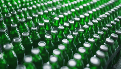 green colored glass soda bottles lined up side by side, production line
