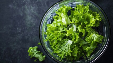 Top-down shot of a salad spinner full of crisp lettuce leaves, a refreshing and healthy meal prep captured from above.