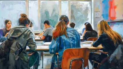 Students studying in a bright classroom with sunlight streaming through the window