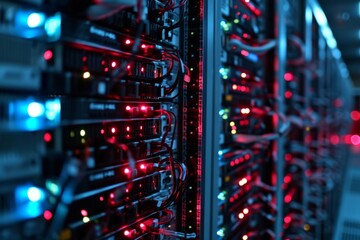 Naklejka premium Computer network server room, Crowded server room in action, AI generated
