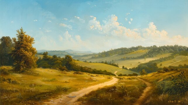 Summer meadow landscape with a path and trees