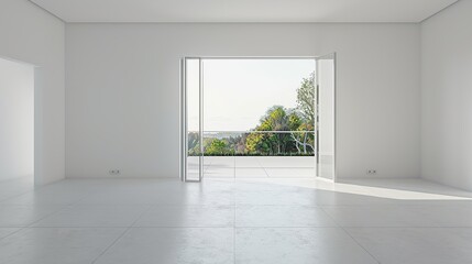 Minimal style modern white empty room with open sliding door to terrace overlooking. Generative Ai