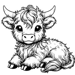 Baby Highland Cow Laying Down Isolated On Background Coloring Page