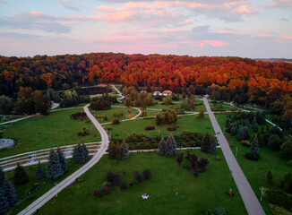 Aerial drone view of beautiful Feofania park in Kyiv, Ukraine.