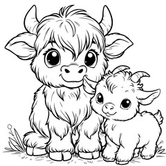Baby Highland Cow and Baby Goat Coloring Page