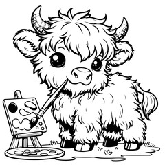 Baby Highland Cow Painting A Picture Coloring Page