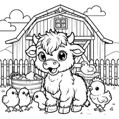 Baby Highland Cow With Chicks and Barn Coloring Page