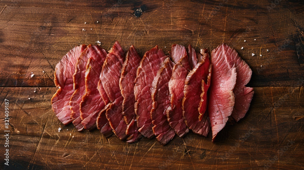 Wall mural top-down view of thinly sliced beef arranged on a wooden surface, ideal for showcasing gourmet cooki - Wall murals
