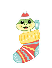 Stocking and cheerful snake.Christmas stocking and symbol of the new 2025 year. Cartoon, vector.