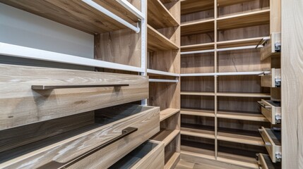 Obraz premium interior of brown wooden closet, with organized spaces generative ai