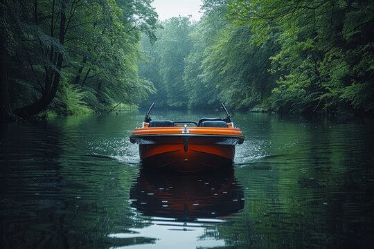 A vibrant orange motorboat navigates through a serene, lush green forest river, creating ripples in the tranquil water under an overcast sky - Powered by Adobe