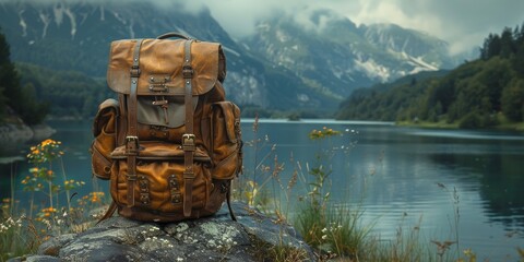 A rugged leather backpack sits atop a rock with a serene lake and towering mountains in the background, capturing the essence of outdoor adventure and natural beauty