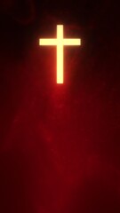 Liturgic red particle background with golden Roman Church Crucifix. Christian Cross on ceremonial copy space 3D illustration. Passion Sermon on Pentecost, Confirmation, Good Friday, and Palm Sunday.
