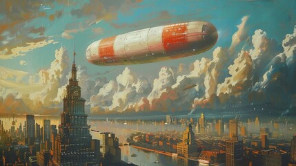 Naklejka premium Surreal cityscape with a giant pill in the sky for science fiction or fantasy designs