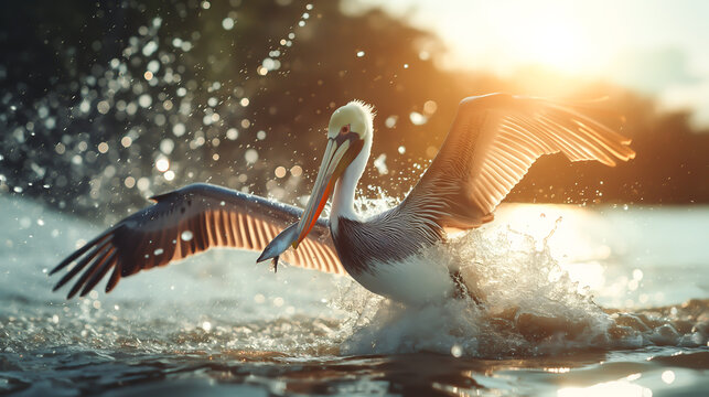 A pelican catching a fish with water splashing and bright coastal on background