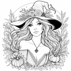 Fototapeta premium Enchanting Witch: Beautiful Witch Woman Coloring Page for Adults