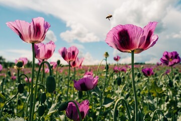 Bee over a purple poppy in a field on a summer day
