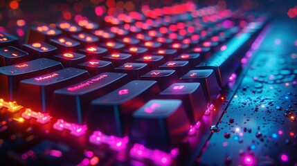 Obraz premium A vibrant close-up shot of a backlit mechanical keyboard with glowing RGB lights and visible dust particles, highlighting modern gaming hardware